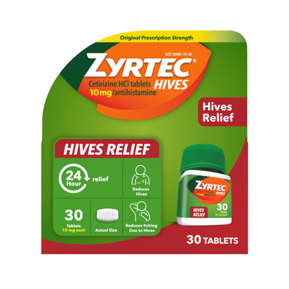 Zyrtec 24 Hour Hives Relief Tablets, 10 mg Cetirizine HCl – Fast Itch & Hive Relief, 30 Count