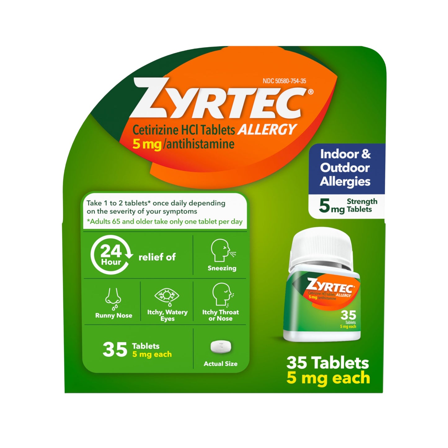 Zyrtec 24 Hour Allergy Relief Tablets - 5 mg Cetirizine HCl, Indoor & Outdoor Allergy Medicine, 35 ct
