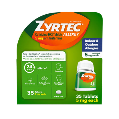 Zyrtec 24 Hour Allergy Relief Tablets - 5 mg Cetirizine HCl, Indoor & Outdoor Allergy Medicine, 35 ct