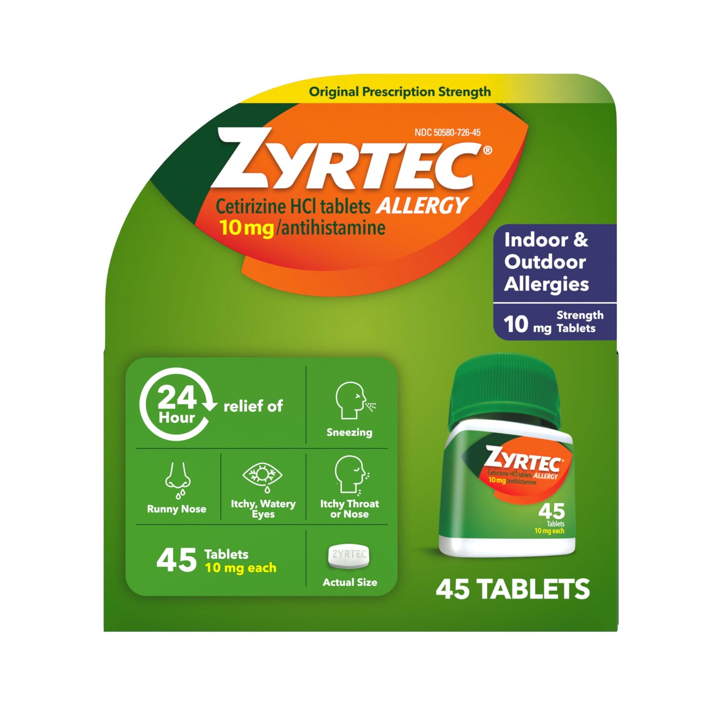 Zyrtec 24 Hour Allergy Relief Tablets | 10 mg Cetirizine HCl | Indoor & Outdoor Allergy Medicine | 45 ct
