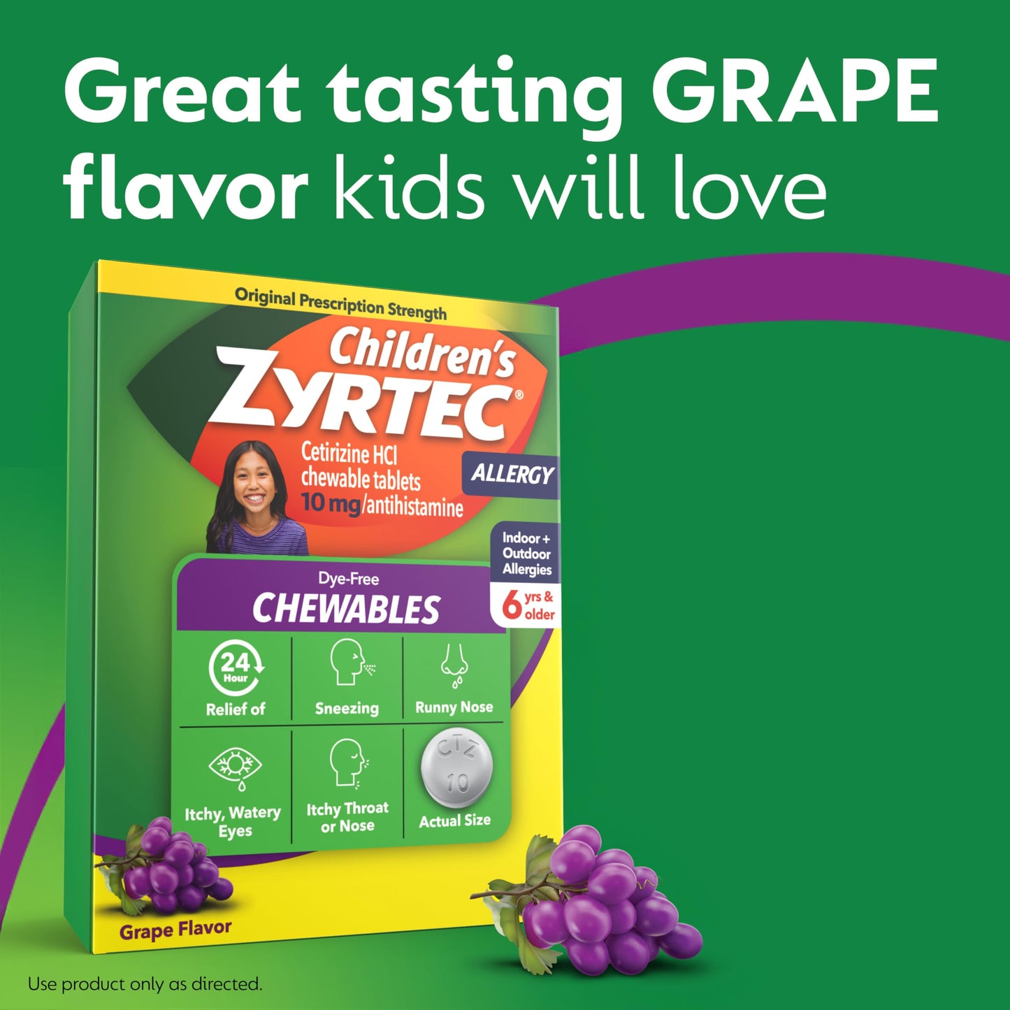 Zyrtec Children\u2019s Dye-Free Chewables  24-Hour Allergy Relief, Grape Flavor, 10 mg Cetirizine HCl, 24 ct
