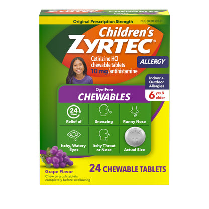 Zyrtec Children\u2019s Dye-Free Chewables  24-Hour Allergy Relief, Grape Flavor, 10 mg Cetirizine HCl, 24 ct