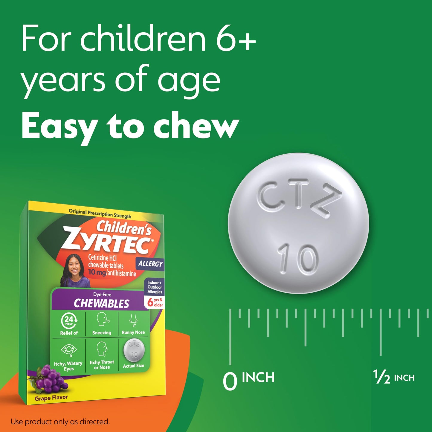 Zyrtec Children\u2019s Dye-Free Chewables  24-Hour Allergy Relief, Grape Flavor, 10 mg Cetirizine HCl, 24 ct