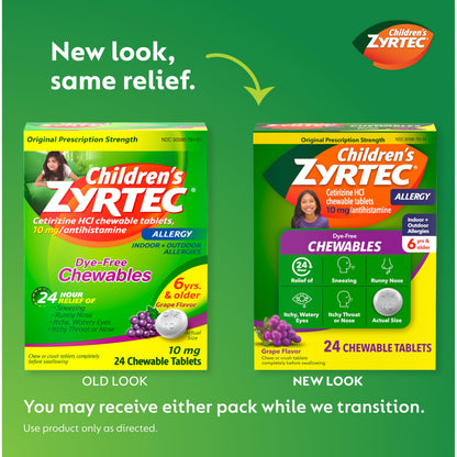 Zyrtec Children\u2019s Dye-Free Chewables  24-Hour Allergy Relief, Grape Flavor, 10 mg Cetirizine HCl, 24 ct