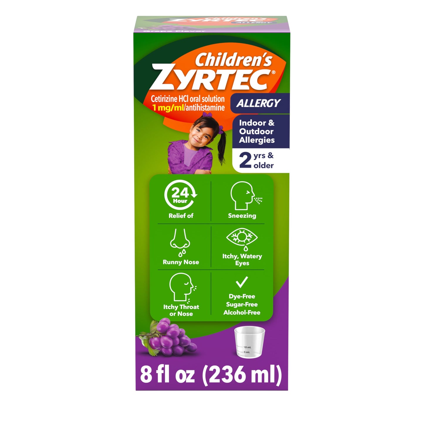 Zyrtec Children’s 24-Hour Allergy Relief Syrup – 5 mg Cetirizine, Grape, Dye-/Sugar-/Alcohol-Free, 8 oz