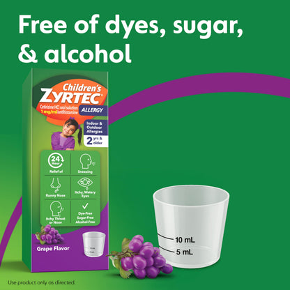 Zyrtec Children’s 24-Hour Allergy Relief Syrup – 5 mg Cetirizine, Grape, Dye-/Sugar-/Alcohol-Free, 8 oz