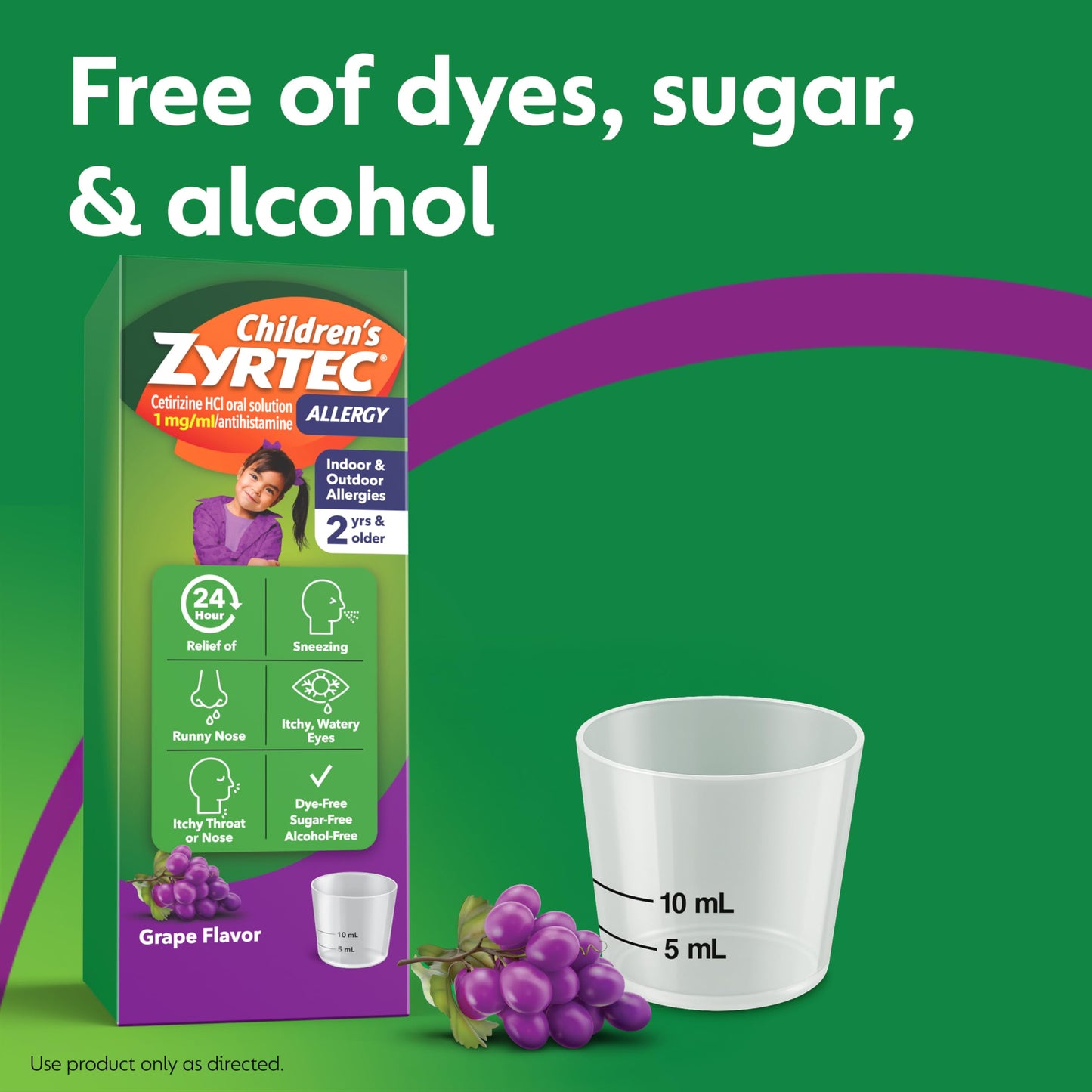 Zyrtec Children’s 24-Hour Allergy Relief Syrup – 5 mg Cetirizine, Grape, Dye-/Sugar-/Alcohol-Free, 8 oz