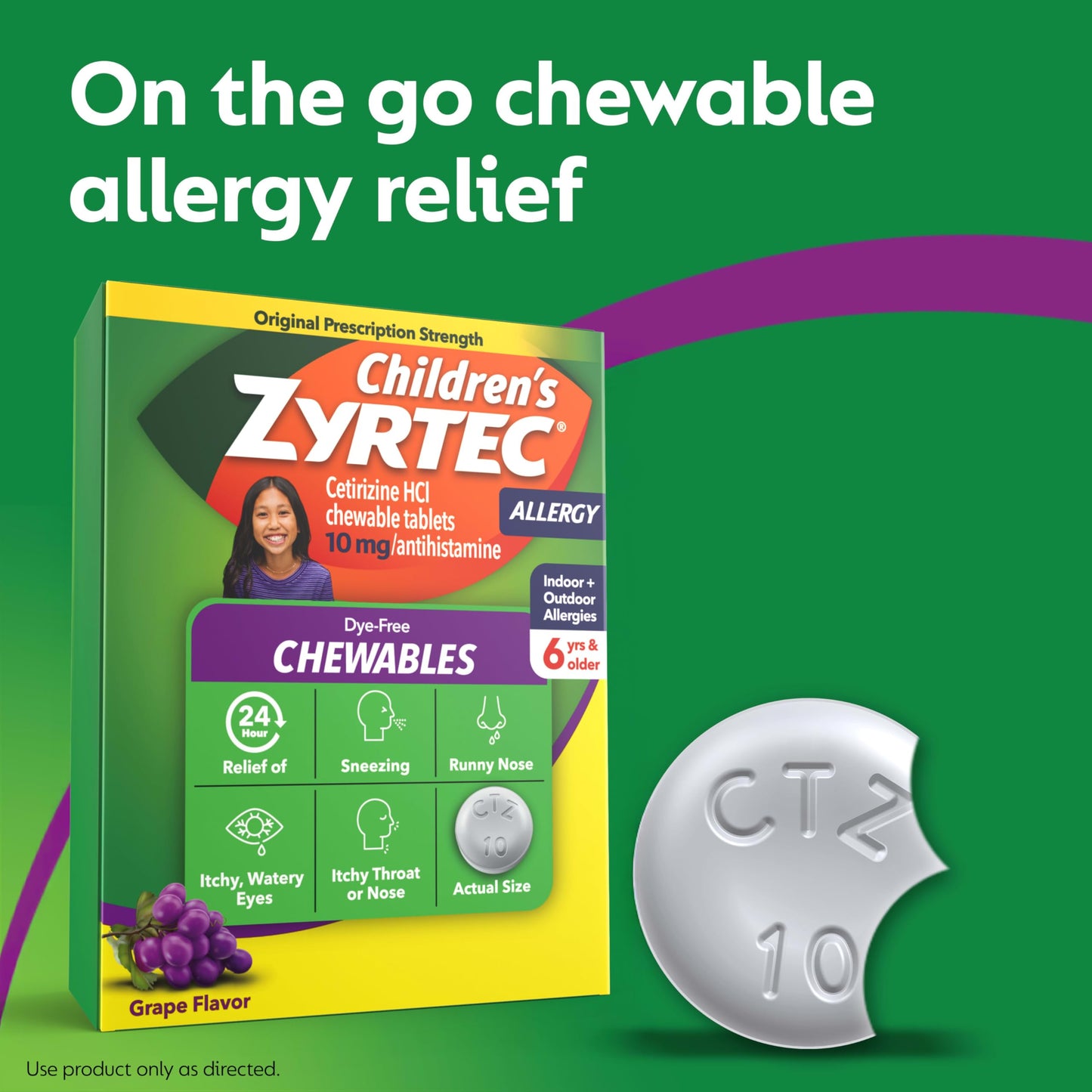 Zyrtec Children's Dye-Free Grape Chewables — 24 Hour Allergy Relief, 10 mg Cetirizine, 48 ct