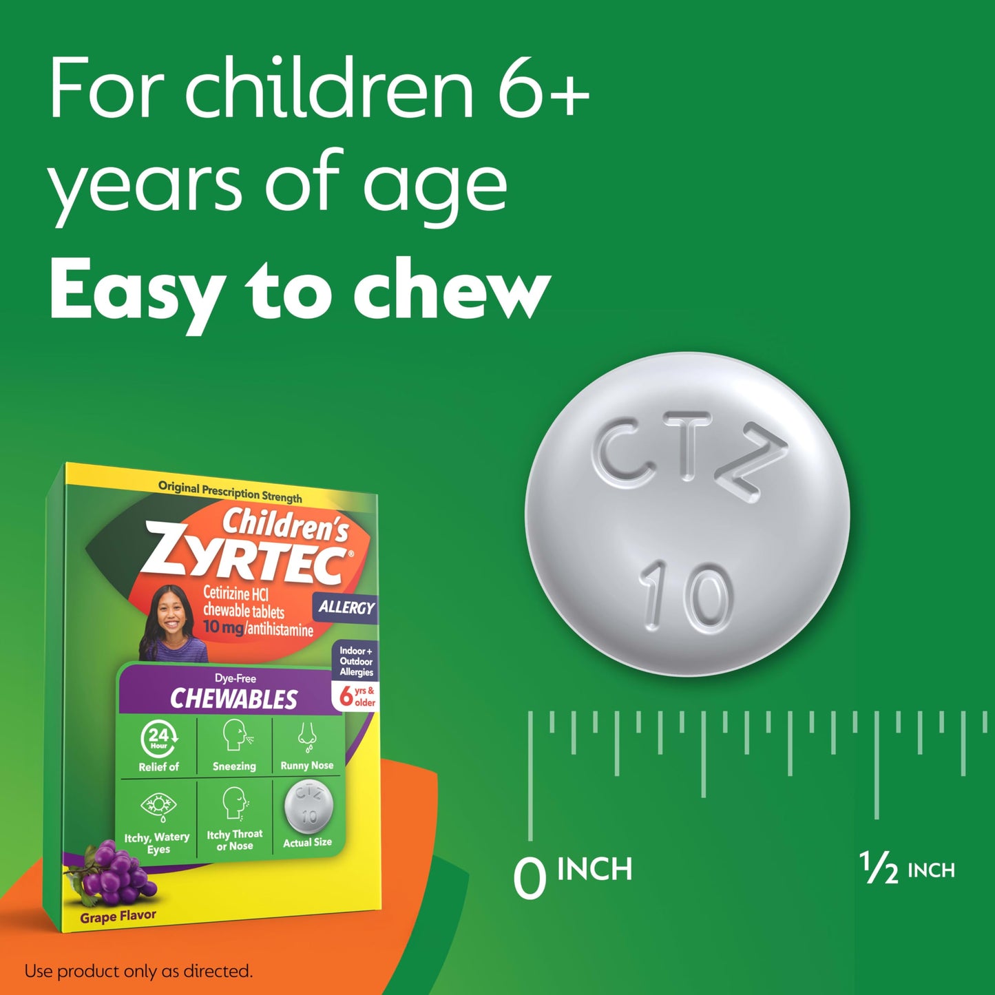 Zyrtec Children's Dye-Free Grape Chewables — 24 Hour Allergy Relief, 10 mg Cetirizine, 48 ct