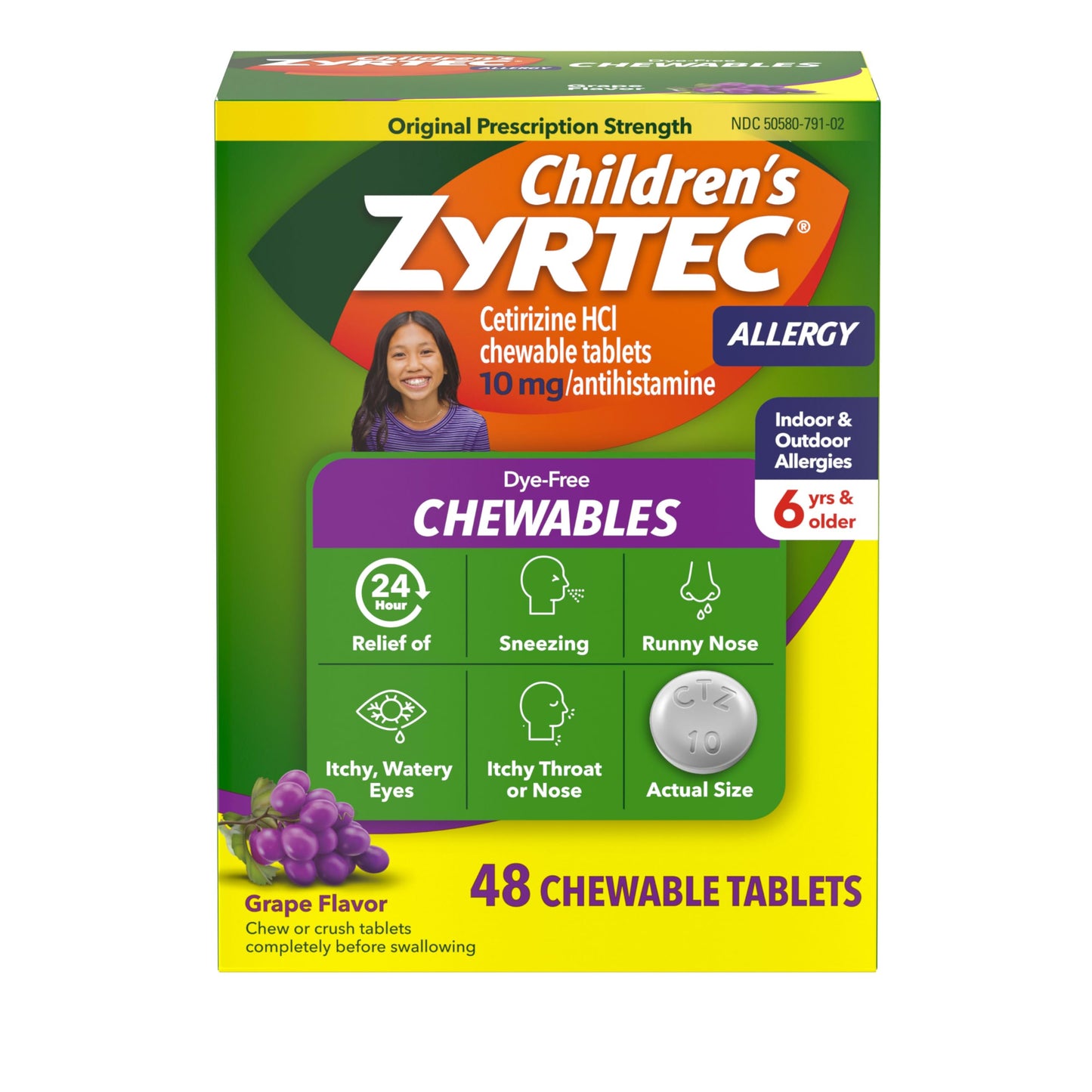 Zyrtec Children's Dye-Free Grape Chewables — 24 Hour Allergy Relief, 10 mg Cetirizine, 48 ct