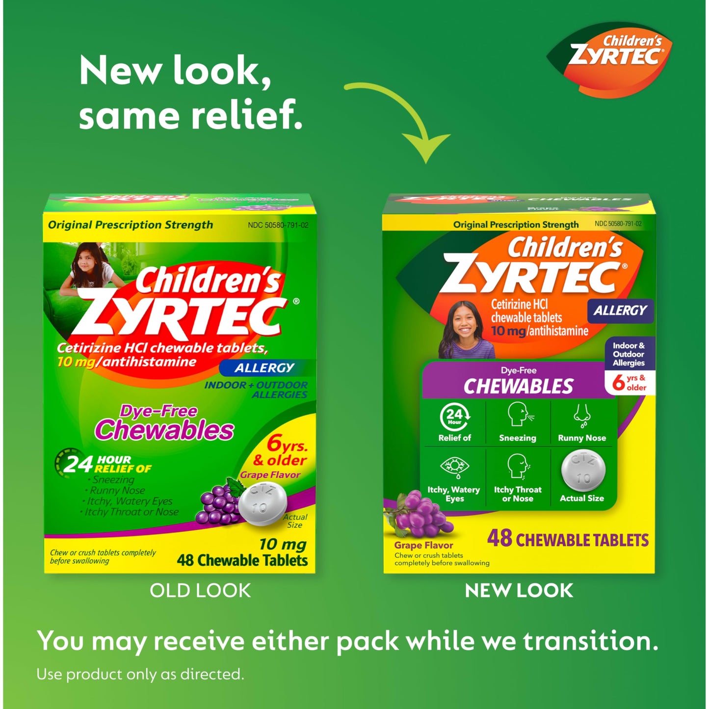 Zyrtec Children's Dye-Free Grape Chewables — 24 Hour Allergy Relief, 10 mg Cetirizine, 48 ct