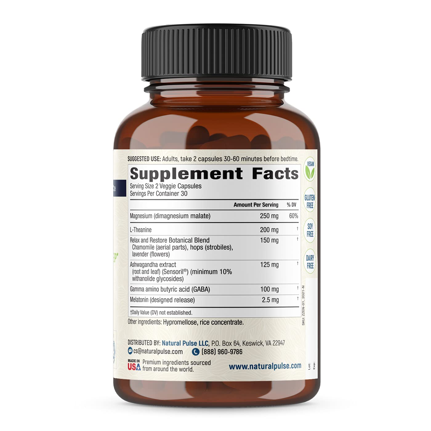 Natural Pulse Zzzen Sleep Aid for Adults – L-Theanine, Ashwagandha, GABA, Melatonin | 60 Caps | Non-GMO