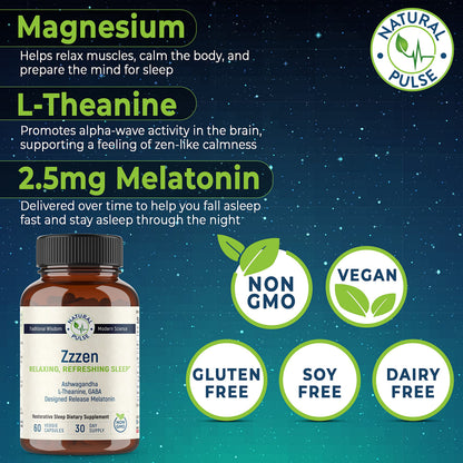 Natural Pulse Zzzen Sleep Aid for Adults – L-Theanine, Ashwagandha, GABA, Melatonin | 60 Caps | Non-GMO
