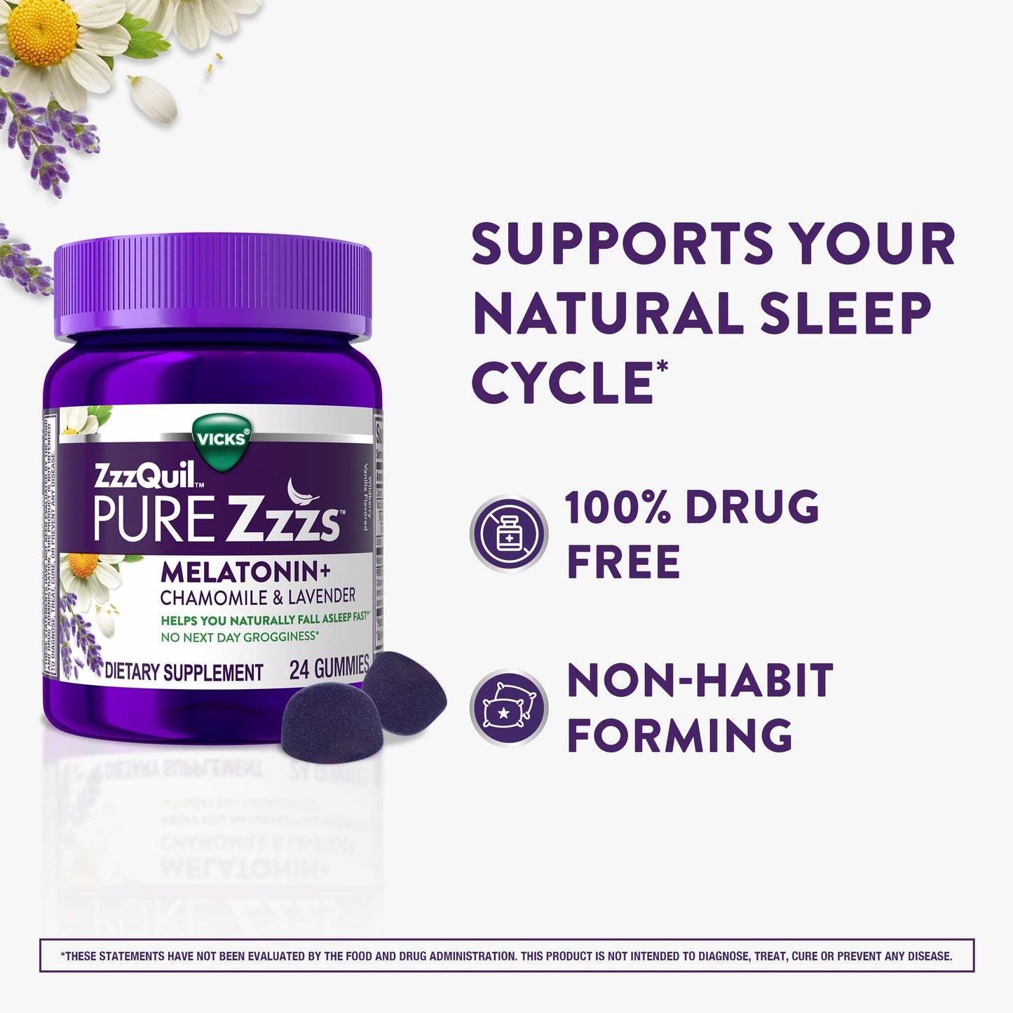 ZzzQuil PURE Zzzs Melatonin Gummies - 2mg Sleep Aid with Chamomile & Lavender | Wildberry Vanilla, 24 Gummies