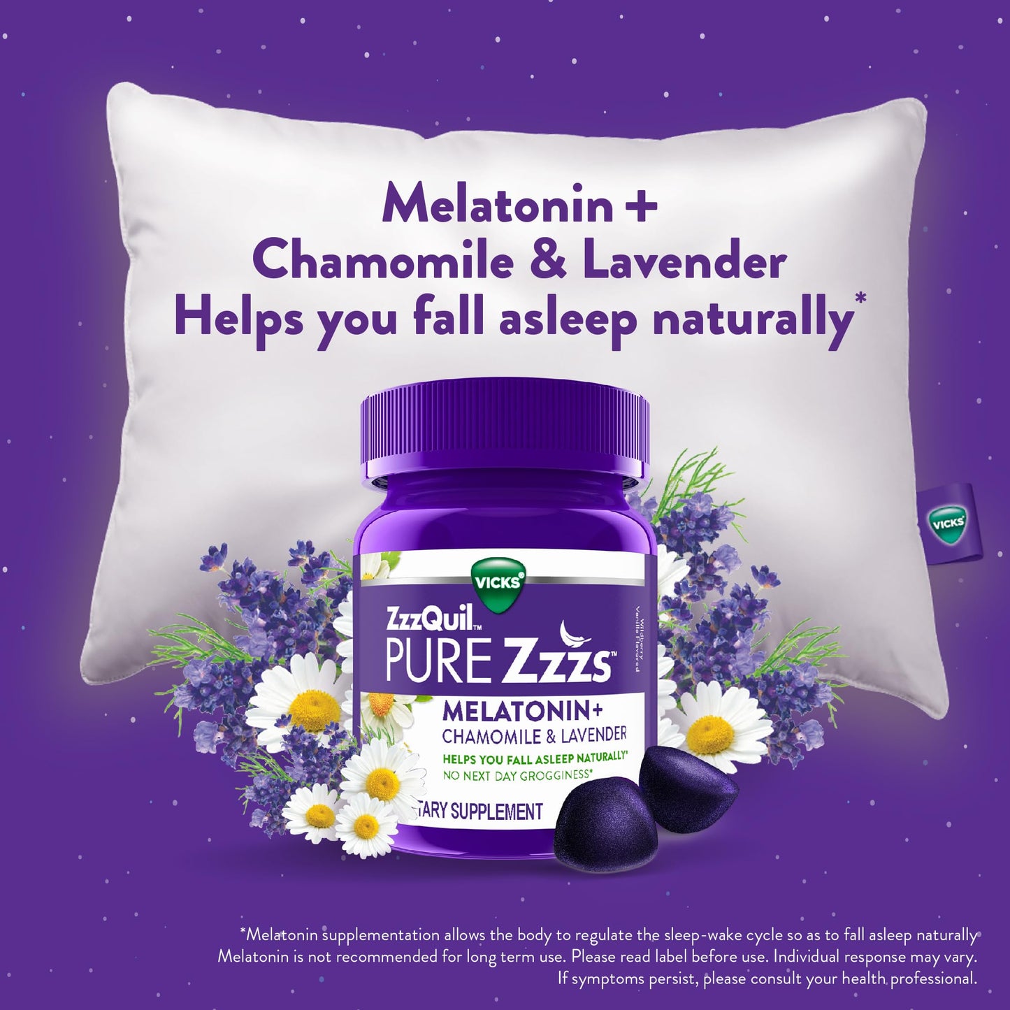 ZzzQuil PURE Zzzs Melatonin Gummies - 2mg Sleep Aid with Chamomile & Lavender | Wildberry Vanilla, 24 Gummies