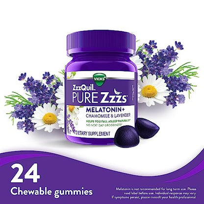 ZzzQuil PURE Zzzs Melatonin Gummies - 2mg Sleep Aid with Chamomile & Lavender | Wildberry Vanilla, 24 Gummies